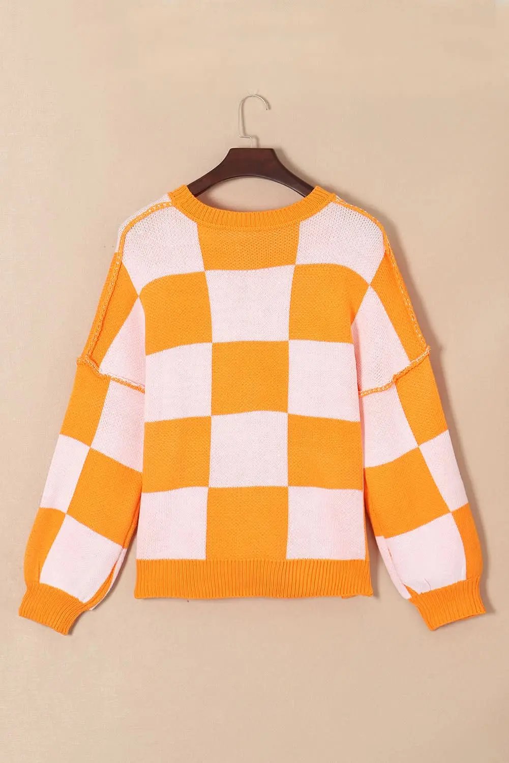 Orange Checkered Bishop Sleeve Sweater - Love Salve